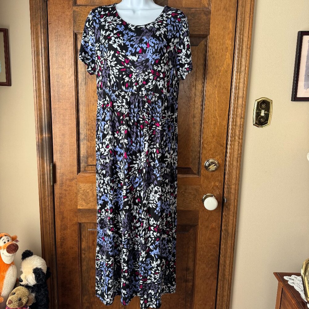 Carole Hochman Black w/Blue White Fuchsia Abstract Cap Sleeve Maxi Dress